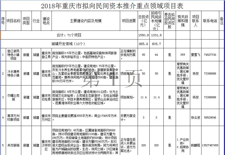 1重慶市向民間投資推介重點領域項目清單